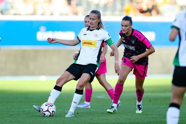 OHL Women s Julie Biesmans and TSC Backa Topola s Tijana Popovic fight for the ball during a game between Oud-Heverlee Leuven Women and Serbian club TSC Backa Topola, Wednesday 5th of August 2026, in Leuven, a second round qualification game in the UEFA Women™s Champions League. BRUNOxFAHY  x182809187x
