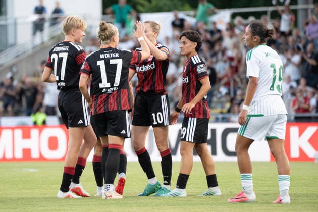 05.08.2026, xhfmx, Fussball CLQ HF 2. Qualirunde, Eintracht Frankfurt - Omonia Nicosia v.l. Paulina Krumbiegel (Eintracht Frankfurt, 27), Pia-Sophie Wolter (Eintracht Frankfurt, 17), Laura Freigang (Eintracht Frankfurt, 10), Dilara AcÄ±kgöz (Eintracht Frankfurt, 29) bejubeln das 6:0 durch Laura Freigang (Eintracht Frankfurt, 10) gegen Nikosia. Tor, Goal, Jubel, Celebration (DFL DFB REGULATIONS PROHIBIT ANY USE OF PHOTOGRAPHS as IMAGE SEQUENCES and or QUASI-VIDEO) Frankfurt *** August 5, 2026, xhfmx, Soccer CLQ HF 2 Qualifying Round, Eintracht Frankfurt vs. Omonia Nicosia, from left: Paulina Krumbiegel (Eintracht Frankfurt), 27, Pia Sophie Wolter, Eintracht Frankfurt, 17, Laura Freigang, Eintracht Frankfurt, 10, Dilara Acikgöz, Eintracht Frankfurt, 29, celebrate the 6–0 goal scored by Laura Freigang, Eintracht Frankfurt, 10, against Nicosia; Goal, Jubilation, Celebration DFL DFB REGULATIONS PROHIBIT ANY USE OF PHOTOGRAPHS as IMAGE SEQUENCES and or QUASI-VIDEO Frankfurt