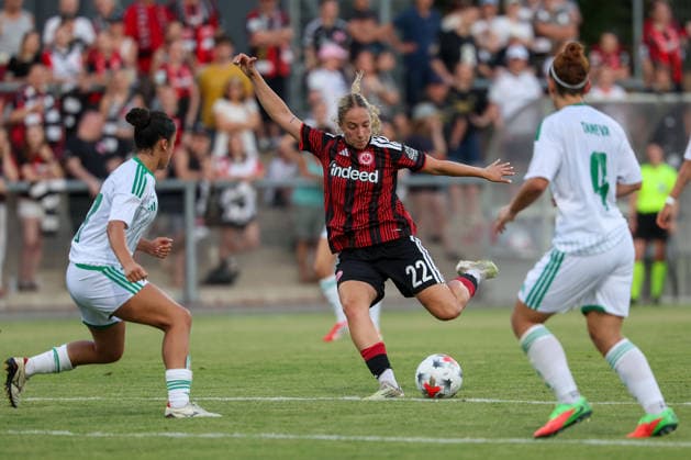 Frankfurt am Main, Germany - August 2026: Christina Pitsillou (Omonia Nicosia), Danique Tolhoek (Eintracht Frankfurt) in action, with the ball, Ivana Taneva (Omonia Nicosia) during the second Qualifying Round Match Eintracht Frankfurt and Omonia Nicosia - Semi-finals of the UEFA Womens LP Mini Tournament at Stadium am Bretanobad in Frankfurt am Main, Germany *** Frankfurt am Main, Germany, August 2026 Christina Pitsillou, Omonia Nicosia, Danique Tolhoek of Eintracht Frankfurt in action with the ball, and Ivana Taneva of Omonia Nicosia during the second qualifying round match between Eintracht Frankfurt and Omonia Nicosia in the semifinals of the UEFA Women’s LP Mini Tournament at Stadium am Bretanobad in Frankfurt am Main, Germany Copyright: HMBxMedia JoaquimxFerreira