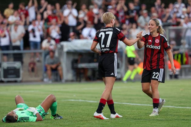 Frankfurt am Main, Germany - August 2026: goalkeeper Constantina Kouzali (Omonia Nicosia), Paulina Krumbiegel (Eintracht Frankfurt) seen celebrating after scoring goal to 8:0, Danique Tolhoek (Eintracht Frankfurt) during the second Qualifying Round Match Eintracht Frankfurt and Omonia Nicosia - Semi-finals of the UEFA Womens LP Mini Tournament at Stadium am Bretanobad in Frankfurt am Main, Germany *** Frankfurt am Main, Germany, August 2026: Goalkeeper Constantina Kouzali of Omonia Nicosia, Paulina Krumbiegel of Eintracht Frankfurt is seen celebrating after scoring a goal to make the score 8–0, and Danique Tolhoek of Eintracht Frankfurt during the second qualifying round match between Eintracht Frankfurt and Omonia Nicosia in the semifinals of the UEFA Women’s LP Mini Tournament at Stadium am Bretanobad in Frankfurt am Main, Germany Copyright: HMBxMedia JoaquimxFerreira