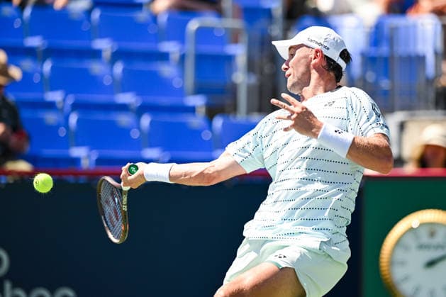 MONTREAL, QC - AUGUST 05: Casper Ruud (NOR) returns the ball during a second round match at National Bank Open on August 05, 2026 at IGA Stadium in Montreal, QC (Photo by David Kirouac Icon Sportswire) TENNIS: AUG 05 National Bank Open EDITORIAL USE ONLY Icon26080505926