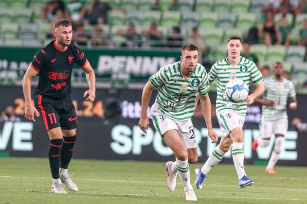 05.08.2026, Budapeszt Liga Europy UEFA sezon 2026 27 runda III kwalifikacji, Ferencvaros Budapest - Gornik Zabrze - UEFA Europa League football Match season 2026 27 round III qualification Ferencvaros Budapeszt - Gornik Zabrze Nz. Erik Prekop Toon Raemaekers Fot. Michal Chwieduk Arena Akcji NEWSPIX.PL --- newspix.pl 