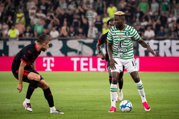 Michal Sacek and Bamiedele Yusuf seen during UEFA Europa League qualifying game between teams of Ferencvaros and Gornik Zabrze (Matej Sagan Ball Raw Images) Budapest Groupama Arena Slovakia Copyright: xMatejxSaganx DSC01542