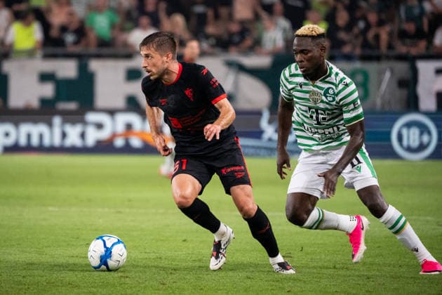 Michal Sacek and Bamiedele Yusuf seen during UEFA Europa League qualifying game between teams of Ferencvaros and Gornik Zabrze (Matej Sagan Ball Raw Images) Budapest Groupama Arena Slovakia Copyright: xMatejxSaganx DSC01591