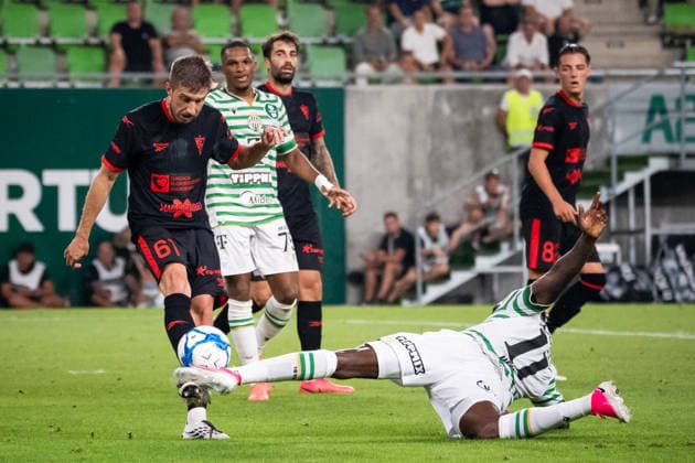 Michal Sacek and Bamiedele Yusuf seen during UEFA Europa League qualifying game between teams of Ferencvaros and Gornik Zabrze (Matej Sagan Ball Raw Images) Budapest Groupama Arena Slovakia Copyright: xMatejxSaganx DSC01845