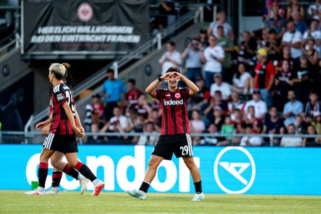 05.08.2026, GER, Fussball, Frauen, UEFA Womens Champions League, Saison 2026 2027, Qualifikationsturnier, Halbfinale, Eintracht Frankfurt vs Omonia Nikosia Dilara Acikgöz ( Eintracht Frankfurt, 29 ) jubelt über das Tor zum 7:0, Frankfurt am Main Stadion am Brentanobad Hessen Deutschland *** August 5, 2026, GER, Soccer, Women, UEFA Women s Champions League, 2026–2027 Season, Qualifying Tournament, Semifinals, Eintracht Frankfurt vs. Omonia Nicosia; Dilara Acikgöz of Eintracht Frankfurt (No. 29) celebrates the goal that made the score 7–0, Frankfurt am Main, Stadion am Brentanobad, Hesse, Germany Copyright: xNordphoto Memmlerx