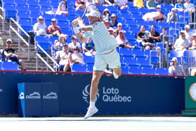 August 5, 2026, Montreal, Quebec, Canada: CASPER RUUD (9) from Norway backhand in match against Juan Manuel Cerundolo from Argentina in second round at Canadian Open at IGA stadium in Montreal, Quebec, Canada on 2026-08-05 Montreal Canada - ZUMAl189 20260805_zsp_l189_052 Copyright: xYannickxLegarex