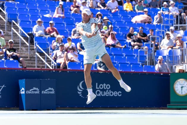 August 5, 2026, Montreal, Quebec, Canada: CASPER RUUD (9) from Norway backhand in match against Juan Manuel Cerundolo from Argentina in second round at Canadian Open at IGA stadium in Montreal, Quebec, Canada on 2026-08-05 Montreal Canada - ZUMAl189 20260805_zsp_l189_066 Copyright: xYannickxLegarex