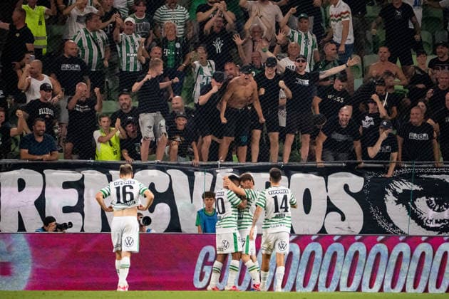 Marius Corbu seen celebrating with teammates during UEFA Europa League qualifying game between teams of Ferencvaros and Gornik Zabrze (Matej Sagan Ball Raw Images) Budapest Groupama Arena Slovakia Copyright: xMatejxSaganx DSC02901