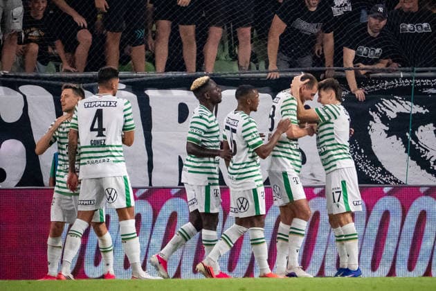 Marius Corbu seen celebrating with teammates during UEFA Europa League qualifying game between teams of Ferencvaros and Gornik Zabrze (Matej Sagan Ball Raw Images) Budapest Groupama Arena Slovakia Copyright: xMatejxSaganx DSC02971