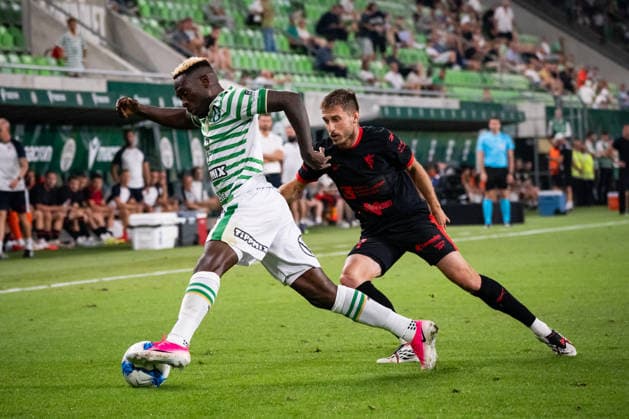 Bamiedele Yusuf and Michal Sacek seen during UEFA Europa League qualifying game between teams of Ferencvaros and Gornik Zabrze (Matej Sagan Ball Raw Images) Budapest Groupama Arena Slovakia Copyright: xMatejxSaganx DSC02016