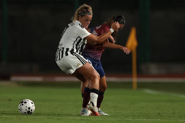 Biella, Italy, 5th August 2026. Ana Capeta of Juventus clashes with Maria Margarida Rosa Guerreiro of SCU Torreense during the Juventus Women vs SCU Torreense UEFA Womens Champions League 2nd Qualifiying Round Semi Final match at Stadio Vittorio Pozzo, Biella. Picture credit should read: Jonathan Moscrop Sportimage EDITORIAL USE ONLY. No use with unauthorised audio, video, data, fixture lists, club league logos or live services. Online in-match use limited to 120 images, no video emulation. No use in betting, games or single club league player publications. SPI_003_JM_JUVE_TORREENSE_UWCL SPI-4875-0005