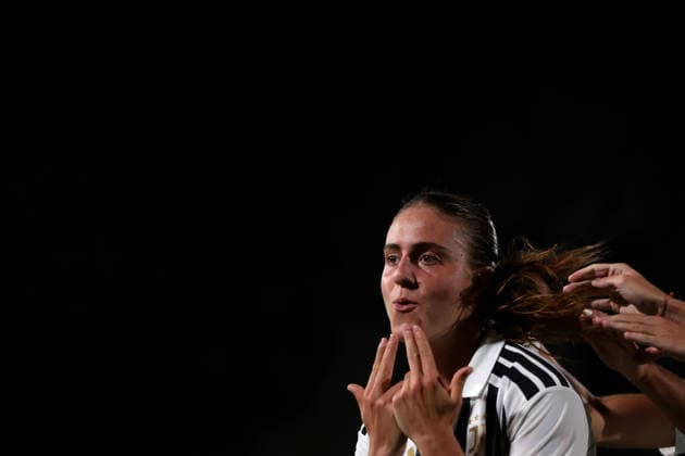 Biella, Italy, 5th August 2026. Estela Carbonell of Juventus celebrates with team mates after scoring to give the side a 1-0 lead during the Juventus Women vs SCU Torreense UEFA Womens Champions League 2nd Qualifiying Round Semi Final match at Stadio Vittorio Pozzo, Biella. Picture credit should read: Jonathan Moscrop Sportimage EDITORIAL USE ONLY. No use with unauthorised audio, video, data, fixture lists, club league logos or live services. Online in-match use limited to 120 images, no video emulation. No use in betting, games or single club league player publications. SPI_008_JM_JUVE_TORREENSE_UWCL SPI-4875-0010