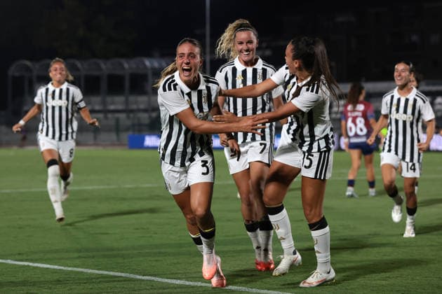 Biella, Italy, 5th August 2026. Estela Carbonell of Juventus celebrates with team mates Ana Capeta and Annamaria Serturini after scoring to give the side a 1-0 lead during the Juventus Women vs SCU Torreense UEFA Womens Champions League 2nd Qualifiying Round Semi Final match at Stadio Vittorio Pozzo, Biella. Picture credit should read: Jonathan Moscrop Sportimage EDITORIAL USE ONLY. No use with unauthorised audio, video, data, fixture lists, club league logos or live services. Online in-match use limited to 120 images, no video emulation. No use in betting, games or single club league player publications. SPI_010_JM_JUVE_TORREENSE_UWCL SPI-4875-0012