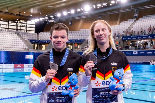 France, Paris, Centre Aquatique Olympique Metropole du Grand Paris, 05.08.2026, European Aquatics Championships Artistic Swimming, Day 6, Mixed Synchronised 10m Platform, Pauline Pfeif and Ole Roesler of Germany, Photo by Eibner Pressefoto Tino Henschel European Aquatics Championships Artistic Swimming, Day 6, Mixed Synchronised 10m Platform Paris *** France, Paris, Centre Aquatique Olympique Metropole du Grand Paris, August 5, 2026, European Aquatics Championships – Artistic Swimming, Day 6, Mixed Synchronized 10m Platform, Pauline Pfeif and Ole Roesler of Germany, Photo by Eibner Pressefoto Tino Henschel European Aquatics Championships Artistic Swimming, Day 6, Mixed Synchronized 10m Platform, Paris Copyright: xEibnerxPressefotox