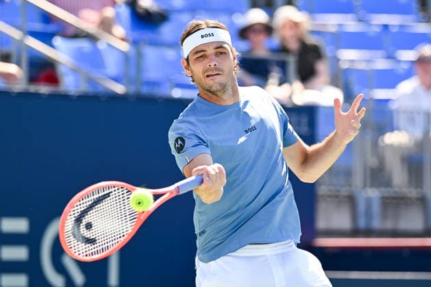 MONTREAL, QC - AUGUST 05: Taylor Fritz (USA) returns the ball during a second round match at National Bank Open on August 05, 2026 at IGA Stadium in Montreal, QC (Photo by David Kirouac Icon Sportswire) TENNIS: AUG 05 National Bank Open EDITORIAL USE ONLY Icon26080506826