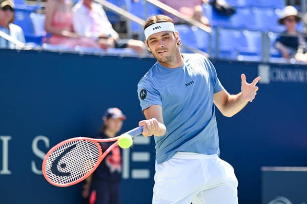 MONTREAL, QC - AUGUST 05: Taylor Fritz (USA) returns the ball during a second round match at National Bank Open on August 05, 2026 at IGA Stadium in Montreal, QC (Photo by David Kirouac Icon Sportswire) TENNIS: AUG 05 National Bank Open EDITORIAL USE ONLY Icon26080506926