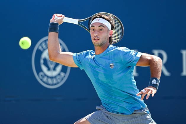MONTREAL, QC - AUGUST 05: Thiago Agustin Tirante (ARG) returns the ball during a second round match at National Bank Open on August 05, 2026 at IGA Stadium in Montreal, QC (Photo by David Kirouac Icon Sportswire) TENNIS: AUG 05 National Bank Open EDITORIAL USE ONLY Icon26080508326