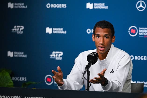 MONTREAL, QC - AUGUST 05: Felix Auger-Aliassime (CAN) press conference, PK, Pressekonferenz confirming his withdrawal from the tournament during a second round match at National Bank Open on August 05, 2026 at IGA Stadium in Montreal, QC (Photo by David Kirouac Icon Sportswire) TENNIS: AUG 05 National Bank Open EDITORIAL USE ONLY Icon26080509126