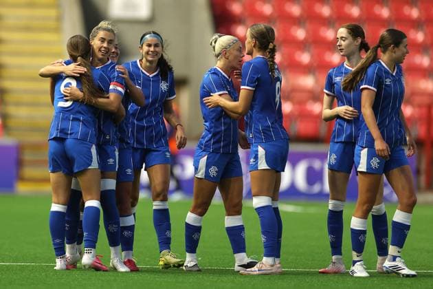 Rangers women captain Nicola Docherty celebrates her goal with her team mates during the UEFA Women s Champions League qualifying match at Broadwood Stadium, Scotland. UEFA Women s Champions League - Second Qualifying Round - Semi Finals - Slavia Prague Women v Rangers Women - Broadwood Stadium, Cumbernauld, Lanarkshire, Scotland, UK - 05 Aug 2026Cumbernauld Broadwood Stadium Lanarkshire United Kingdom  Copyright: xO Rourke RangersxFC Shutterstockx 17048546k