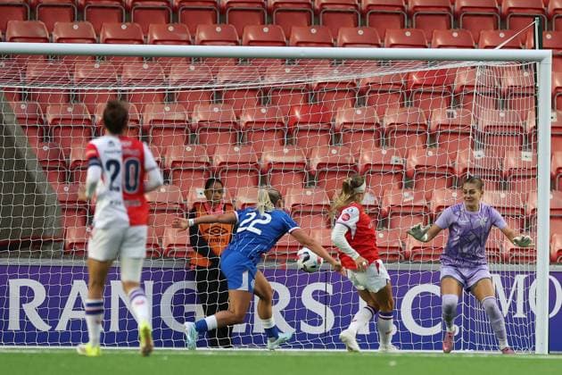 Isabella Briede of Slavia Prague scores during the UEFA Women s Champions League qualifying match at Broadwood Stadium, Scotland. UEFA Women s Champions League - Second Qualifying Round - Semi Finals - Slavia Prague Women v Rangers Women - Broadwood Stadium, Cumbernauld, Lanarkshire, Scotland, UK - 05 Aug 2026Cumbernauld Broadwood Stadium Lanarkshire United Kingdom  Copyright: xO Rourke RangersxFC Shutterstockx 17048546l