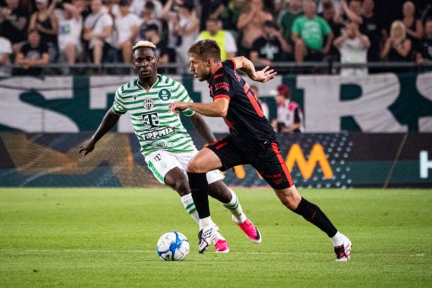 Bamiedele Yusuf and Michal Sacek seen during UEFA Europa League qualifying game between teams of Ferencvaros and Gornik Zabrze (Matej Sagan Ball Raw Images) Budapest Groupama Arena Slovakia Copyright: xMatejxSaganx DSC00540
