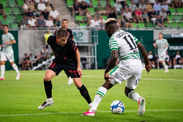 Michal Sacek and Bamiedele Yusuf seen during UEFA Europa League qualifying game between teams of Ferencvaros and Gornik Zabrze (Matej Sagan Ball Raw Images) Budapest Groupama Arena Slovakia Copyright: xMatejxSaganx DSC01618-2