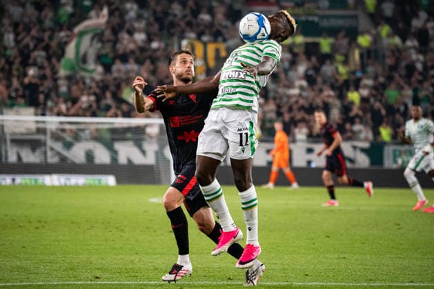 Michal Sacek and Bamiedele Yusuf seen during UEFA Europa League qualifying game between teams of Ferencvaros and Gornik Zabrze (Matej Sagan Ball Raw Images) Budapest Groupama Arena Slovakia Copyright: xMatejxSaganx DSC02002