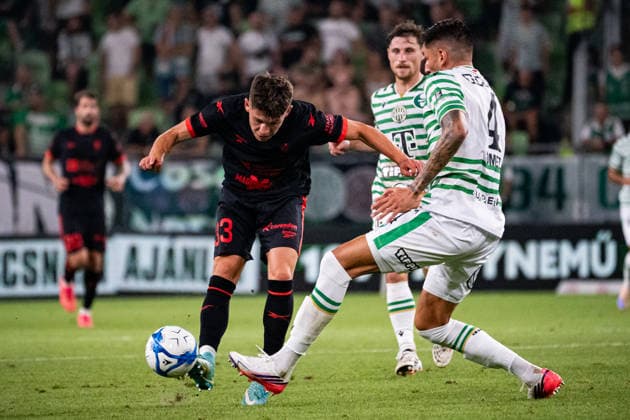 Maksym Khlan and Mariano Gomez seen during UEFA Europa League qualifying game between teams of Ferencvaros and Gornik Zabrze (Matej Sagan Ball Raw Images) Budapest Groupama Arena Slovakia Copyright: xMatejxSaganx DSC03273