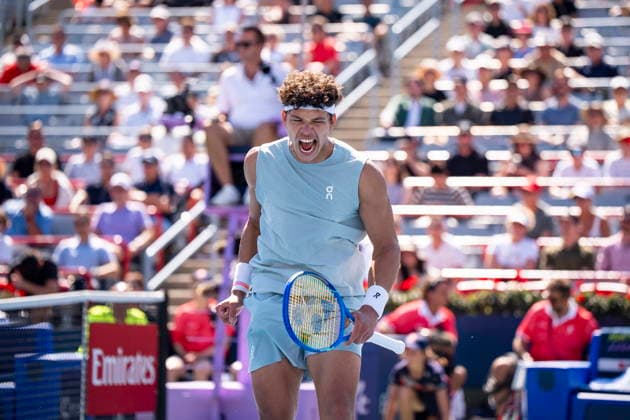August 5, 2026, Montreal, Pq, Canada: Ben Shelton of USAÃ‚ celebrates after defeating Jenson Brooksby of USAÃ‚ on day four of the National Bank Open tennis tournament in Montreal on Wednesday, August 5, 2026. Canada News - August 5, 2026  - ZUMAc35_ 20260805_zaf_c35_070 Copyright: xChristopherxKatsarovx