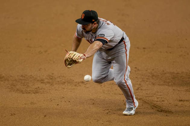 August 5, 2026, Arlington, Texas, USA: San Francisco Giants third baseman BUDDY KENNEDY (41) cannot reach a hard hit line drive against the Texas Rangers at Globe Life Field. Rangers win 6-0. Arlington USA - ZUMAf180 20260805_zsp_f180_002 Copyright: xMarkxFannx
