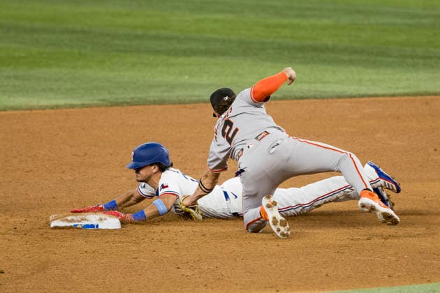 August 5, 2026, Arlington, Texas, USA: Texas Rangers shortstop NICKY LOPEZ (33) gets caught stealing second base by San Francisco Giants shortstop WILLY ADAMES (2) at Globe Life Field. Rangers win 6-0. Arlington USA - ZUMAf180 20260805_zsp_f180_016 Copyright: xMarkxFannx