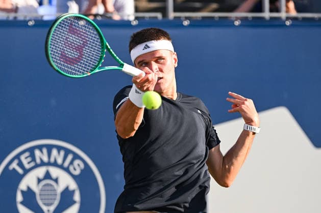 MONTREAL, QC - AUGUST 05: Jakub Mensik (CZE) returns the ball during a second round match at National Bank Open on August 05, 2026 at IGA Stadium in Montreal, QC (Photo by David Kirouac Icon Sportswire) TENNIS: AUG 05 National Bank Open EDITORIAL USE ONLY Icon26080510026