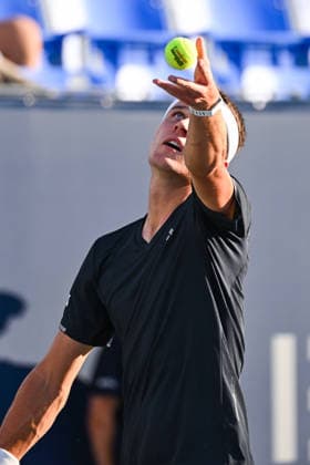 MONTREAL, QC - AUGUST 05: Jakub Mensik (CZE) serves the ball during a second round match at National Bank Open on August 05, 2026 at IGA Stadium in Montreal, QC (Photo by David Kirouac Icon Sportswire) TENNIS: AUG 05 National Bank Open EDITORIAL USE ONLY Icon26080511226