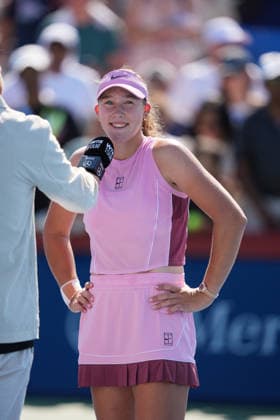WTA, Tennis Damen Masters 1000 National Bank Open Toronto 2026 - Round of 64 - Day 5 Mirra AndrÃ yeva of Russia is interview after her victory against Karolina PliÅ¡kova of Czech Republic during the Women™s Singles round of 64 match on day 5 of the WTA Masters 1000 National Bank Open at Sobeys Stadium on August 5, 2026, in Toronto, Canada. (Photo by Leonardo Ramirez Eyepix Group) Copyright: xLeonardoxRamirezx xEyepixxGroupx LR_04082026_08473