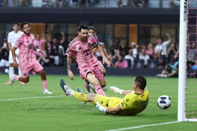 MIAMI, FL - AUGUST 05: Inter Miami CF offense Leo Messi (10) scores a goal in the first half for a 1-1 score during the Leagues Cup match between Inter Miami and Athletico de San Luis on Wednesday, August 5, 2026 at Nu Stadium in Miami, FL. (Photo by Peter Joneleit Icon Sportswire) SOCCER: AUG 05 Leagues Cup Miami vs Atletico de San Luis EDITORIAL USE ONLY Icon260805004