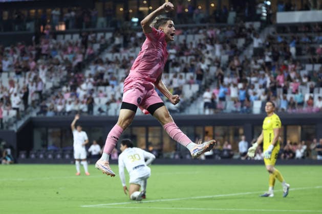 MIAMI, FL - AUGUST 05: Inter Miami CF offense Daniel Pinter (56) ceebrates a goal that was later dissallowed in the first half during the Leagues Cup match between Inter Miami and Athletico de San Luis on Wednesday, August 5, 2026 at Nu Stadium in Miami, FL. (Photo by Peter Joneleit Icon Sportswire) SOCCER: AUG 05 Leagues Cup Miami vs Atletico de San Luis EDITORIAL USE ONLY Icon260805009