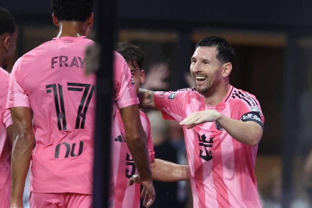 MIAMI, FL - AUGUST 05: Inter Miami CF offense Leo Messi (10) smiles after a goal in the first half during the Leagues Cup match between Inter Miami and Athletico de San Luis on Wednesday, August 5, 2026 at Nu Stadium in Miami, FL. (Photo by Peter Joneleit Icon Sportswire) SOCCER: AUG 05 Leagues Cup Miami vs Atletico de San Luis EDITORIAL USE ONLY Icon260805012