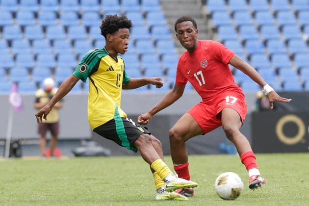 CONCACAF U-20 Championship - Canada vs Jamaica Zayne Bruno (R) of Canada vies for the ball with Jamone Lyle (L) of Jamaica during a CONCACAF U-20 Championship match between Canada and Jamaica at Cuauhtemoc Stadium in Puebla, Mexico, 05 August 2026. Puebla Mexico  Copyright: xHildaxRiosx