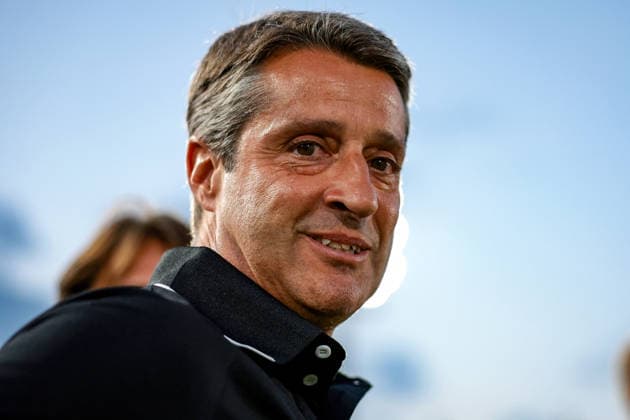 Biella, Italy, 5th August 2026. Jose Goncalo De Oliveira Nunes Head coach of SCU Torreense looks on prior to kick off in the Juventus Women vs SCU Torreense UEFA Womens Champions League 2nd Qualifiying Round Semi Final match at Stadio Vittorio Pozzo, Biella. Picture credit should read: Jonathan Moscrop Sportimage EDITORIAL USE ONLY. No use with unauthorised audio, video, data, fixture lists, club league logos or live services. Online in-match use limited to 120 images, no video emulation. No use in betting, games or single club league player publications. SPI_027_JM_JUVE_TORREENSE_UWCL SPI-4875-0029