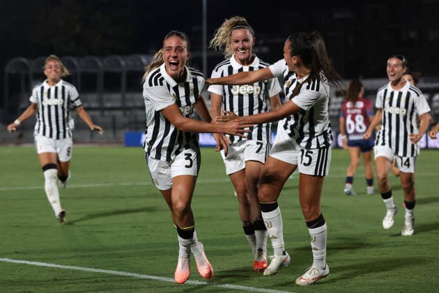 Biella, Italy, 5th August 2026. Estela Carbonell of Juventus celebrates with team mates Ana Capeta and Annamaria Serturini after scoring to give the side a 1-0 lead during the Juventus Women vs SCU Torreense UEFA Womens Champions League 2nd Qualifiying Round Semi Final match at Stadio Vittorio Pozzo, Biella. Picture credit should read: Jonathan Moscrop Sportimage EDITORIAL USE ONLY. No use with unauthorised audio, video, data, fixture lists, club league logos or live services. Online in-match use limited to 120 images, no video emulation. No use in betting, games or single club league player publications. SPI_030_JM_JUVE_TORREENSE_UWCL SPI-4875-0032