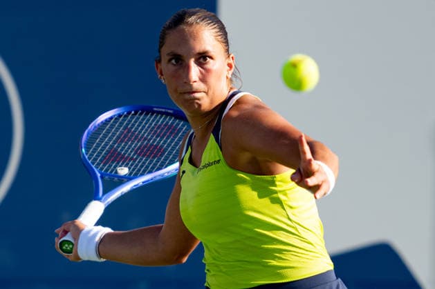TORONTO, ON - AUGUST 05: Panna Udvardy of Hungary returns a shot during her match at the WTA, Tennis Damen National Bank Open tournament on August 5, 2026 at Sobeys Stadium in Toronto, ON, Canada (Photo by Julian Avram Icon Sportswire) TENNIS: AUG 05 National Bank Open EDITORIAL USE ONLY Icon2608050210