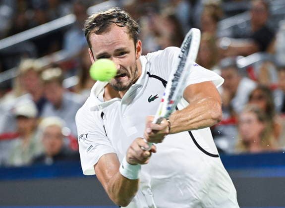 August 5, 2026, Montreal, Pq, Canada: Daniil Medvedev of Russia plays a shot to Botic van de Zandschulp of the Netherlands during their second round match at the National Bank Open tennis tournament in Montreal, on Wednesday, August 5, 2026. Canada News - August 5, 2026  - ZUMAc35_ 20260805_zaf_c35_177 Copyright: xGrahamxHughesx