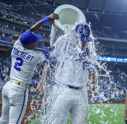 AUG 05, 2026: Kansas City Royals starting pitcher Noah Cameron (65) gets the splash after a win against the Minnesota Twins at Kauffman Stadium Kansas City, MO. CSM MLB, Baseball Herren, USA 2026: Twins Vs Royals August 5th  - ZUMAc04_ 20260805_zma_c04_057 Copyright: xRomanxPunox