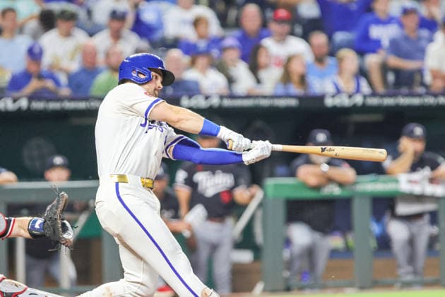 AUG 05, 2026: Kansas City Royals infielder Michael Massey (19) hits a home run in the 7th inning against the Minnesota Twins at Kauffman Stadium Kansas City, MO. CSM MLB, Baseball Herren, USA 2026: Twins Vs Royals August 5th  - ZUMAc04_ 20260805_zma_c04_063 Copyright: xRomanxPunox