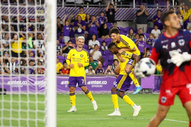 August 5, 2026, Orlando, Florida, USA: Orlando City SC forward JUSTIN ELLIS (22) celebrates Orlando City SC midfielder TYRESE SPICER (14) who scored a goal during the second half against C.F. Monterrey. Orlando City SC hosted C.F. Monterrey in phase one of Leagues Cup 2026 at Inter.Co Stadium in Orlando, FL. Orlando USA - ZUMAm299 20260805_znp_m299_016 Copyright: xTaylorxMcFeex