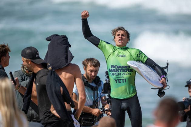 Surfing, Boardmasters 2026, World Surf League Winner! Sam Piter (France) celebrates winning the Yeti Pro QS4000 Final during the Boardmasters 2026 surfing championships at Fistral Beach, Newquay, UK on 6 August 2026. Newquay Fistral Beach Hampshire UK Editorial use only , Copyright: xStevexBaileyx PSI-24643-0008