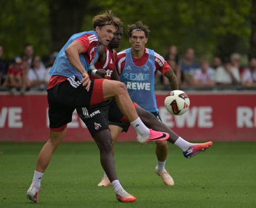 06.08.2026, xophax, Fussball 1.Bundesliga, 1.FC Koeln Training am Geissbockheim des 1.FC Köln. Platz 1.Fans. Joel Schmid , links und Ragnar Ache , rechts ( beide 1.FC Köln ) - Hinten Julien Pauli ( 1.FC Köln ) Köln *** August 6, 2026, xophax, Soccer, Bundesliga 1, 1. FC Köln Training at the Geissbockheim, home of 1. FC Köln. In the front: Fans Joel Schmid (left) and Ragnar Ache (right), both of 1. FC Köln. In the back: Julien Pauli of 1. FC Köln, Cologne.