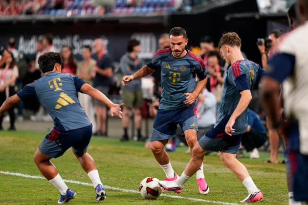HONGKONG-SOCCER FOOTBALL-FEST RaphaÃ«l Guerreiro of FC Bayern Munich during open training at Kai Tan Stadium during the Audi Football Summit 2026 in Hong Kong, August 6, 2026. NEXPHER Vernon Yuen HONG KONG