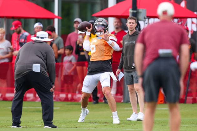 August 6, 2026: Tampa Bay Buccaneers quarterback Baker Mayfield (6) during training camp at AdventHeath Training Center in Tampa, FL. Taylor McFee CSM NFL, American Football Herren, USA 2026: Tampa Bay Buccaneers Training Camp AUG 31  - ZUMAc04_ 20260806_zma_c04_019 Copyright: xTaylorxMcfeex